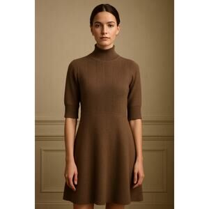 QI CASHMERE Cozy Taupe Brown Pointelle Knit Turtleneck Dress Size Large